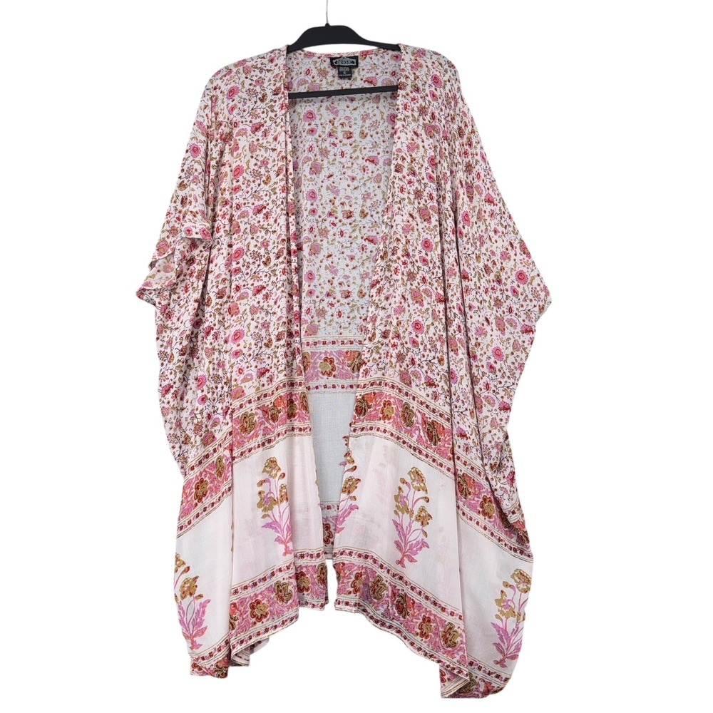 Angie Women Pink Floral Rayon Kimono Wrap Open Front‎ Cardigan Size Small